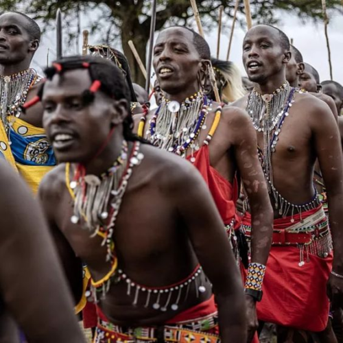 a group of maasai warriors in traditional attire performing a traditional dance