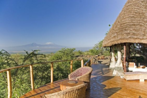 a deck with a thatched roof and chairs and a table with a mountain in the background