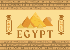 A stylized illustration featuring the pyramids of Egypt, surrounded by Egyptian hieroglyphs and symbols on a beige background.