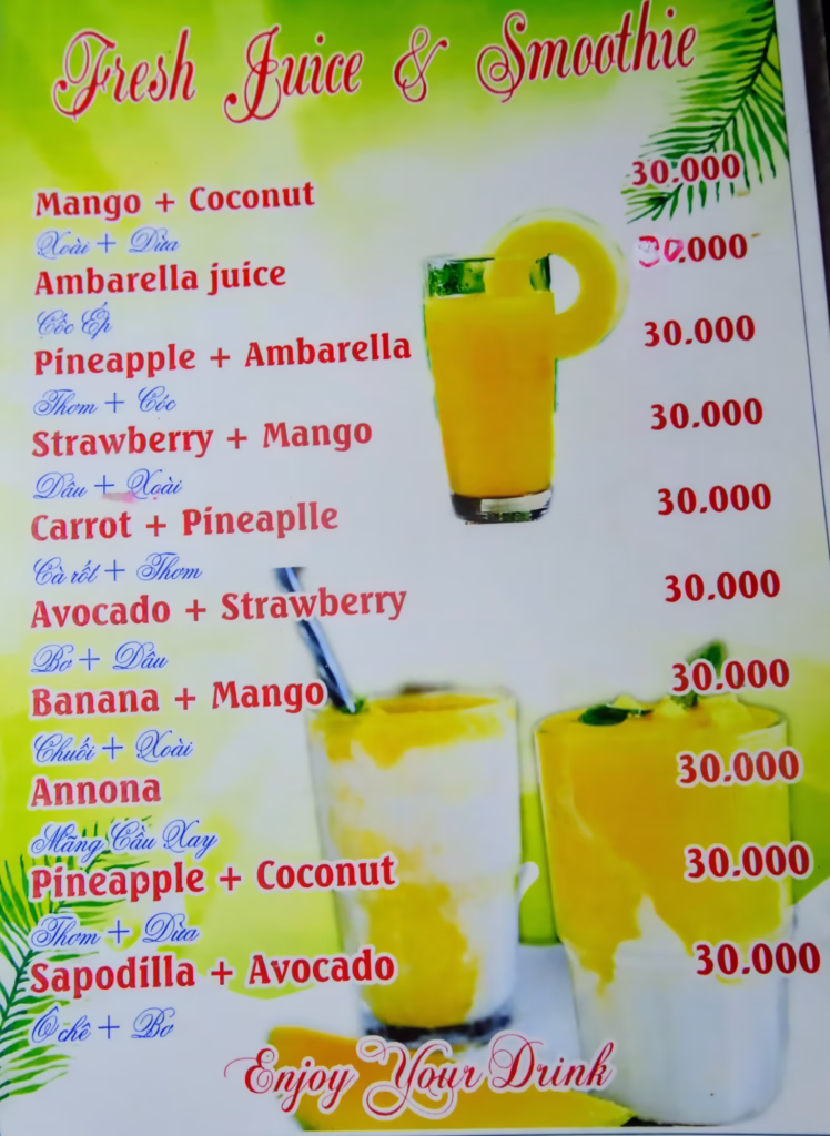 Fresh Juice and Smoothies Menu, Vietnam